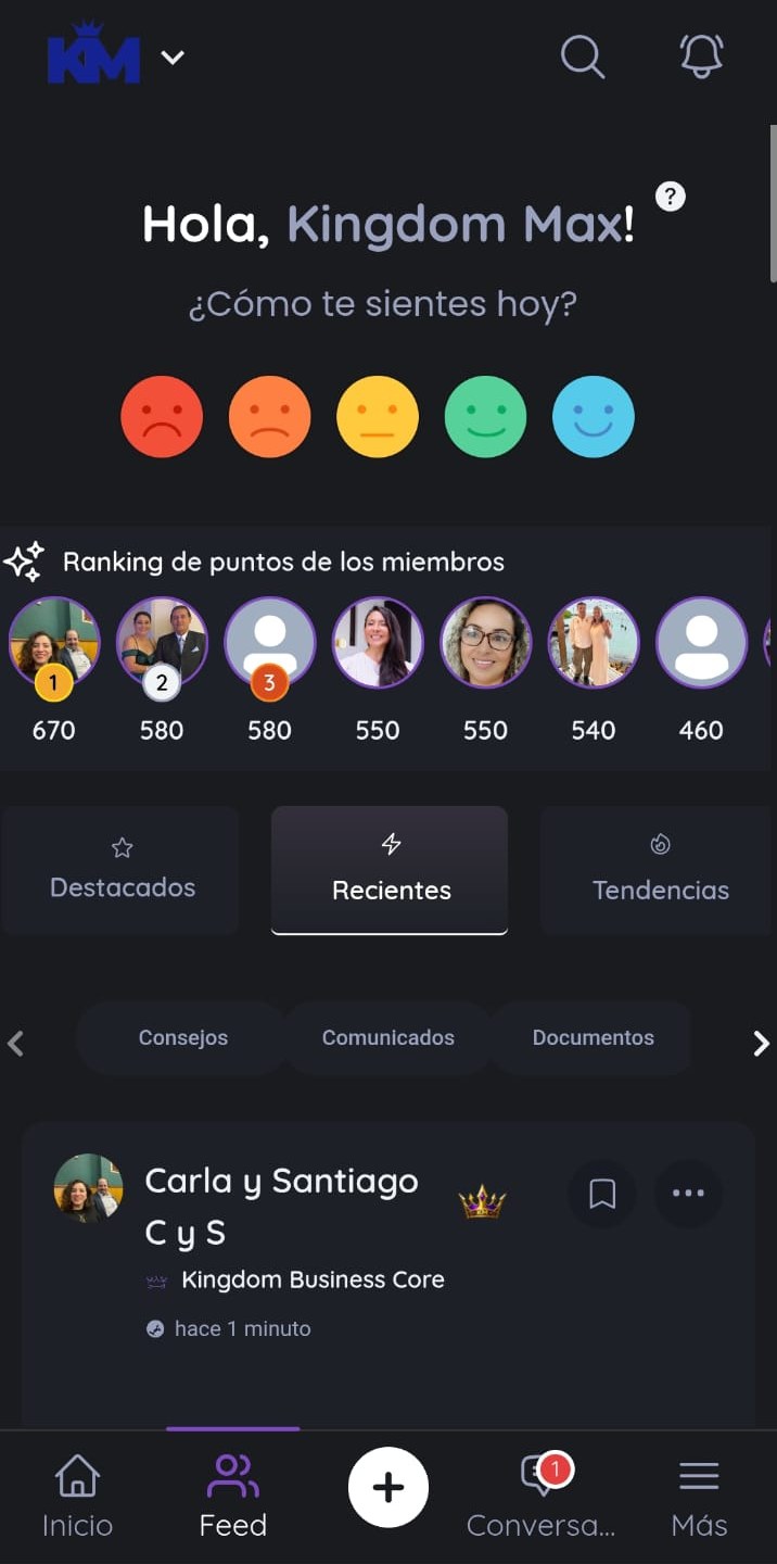 Feed de la app Kingdom Max con el ranking de puntos de los miembros y publicaciones recientes